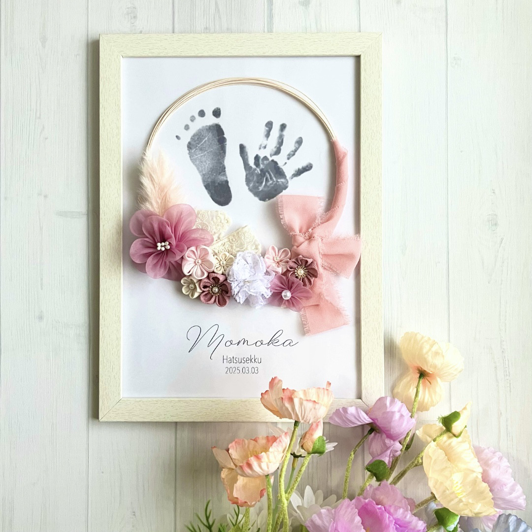 手形足形　ひなまつりリース　小花とリボン/  初節句　桃の節句　命名書　名入れ　ひな祭り