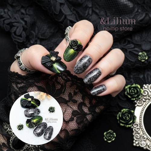 緑】リボンと薔薇の黒のレースネイル/リボンネイル/マグネットネイル