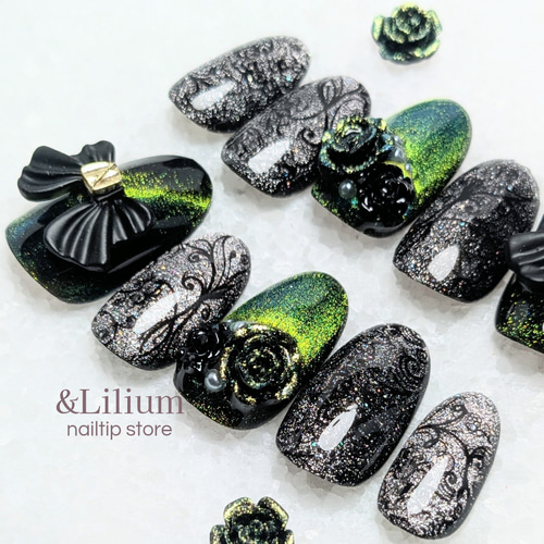 緑】リボンと薔薇の黒のレースネイル/リボンネイル/マグネットネイル