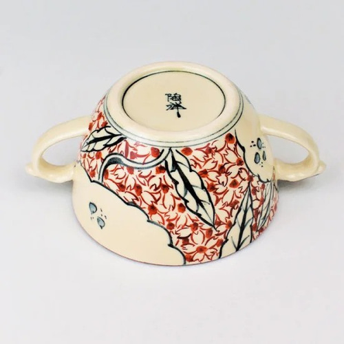 赤絵手 春夏文様 両手スープカップ（持ち手色・緑）【陶祥窯・有田焼