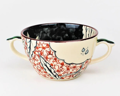 赤絵手 春夏文様 両手スープカップ（持ち手色・緑）【陶祥窯・有田焼