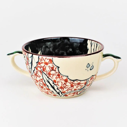 赤絵手 春夏文様 両手スープカップ（持ち手色・緑）【陶祥窯・有田焼