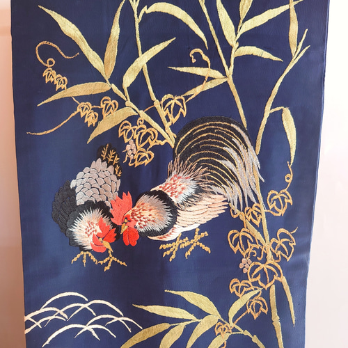 名古屋帯】刺繍帯 にわとりと植物のアンティーク帯 和装小物（帯・半襟