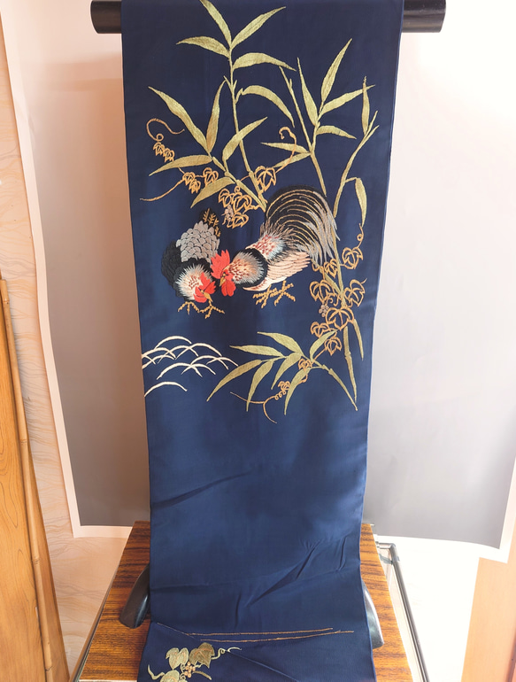 名古屋帯】刺繍帯 にわとりと植物のアンティーク帯 和装小物（帯・半襟