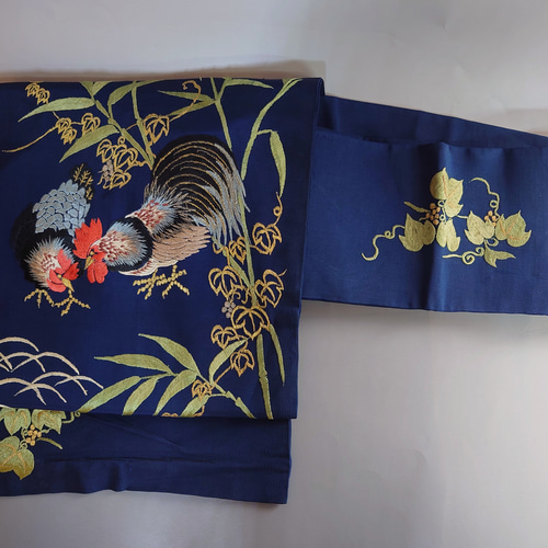 名古屋帯】刺繍帯 にわとりと植物のアンティーク帯 和装小物（帯・半襟