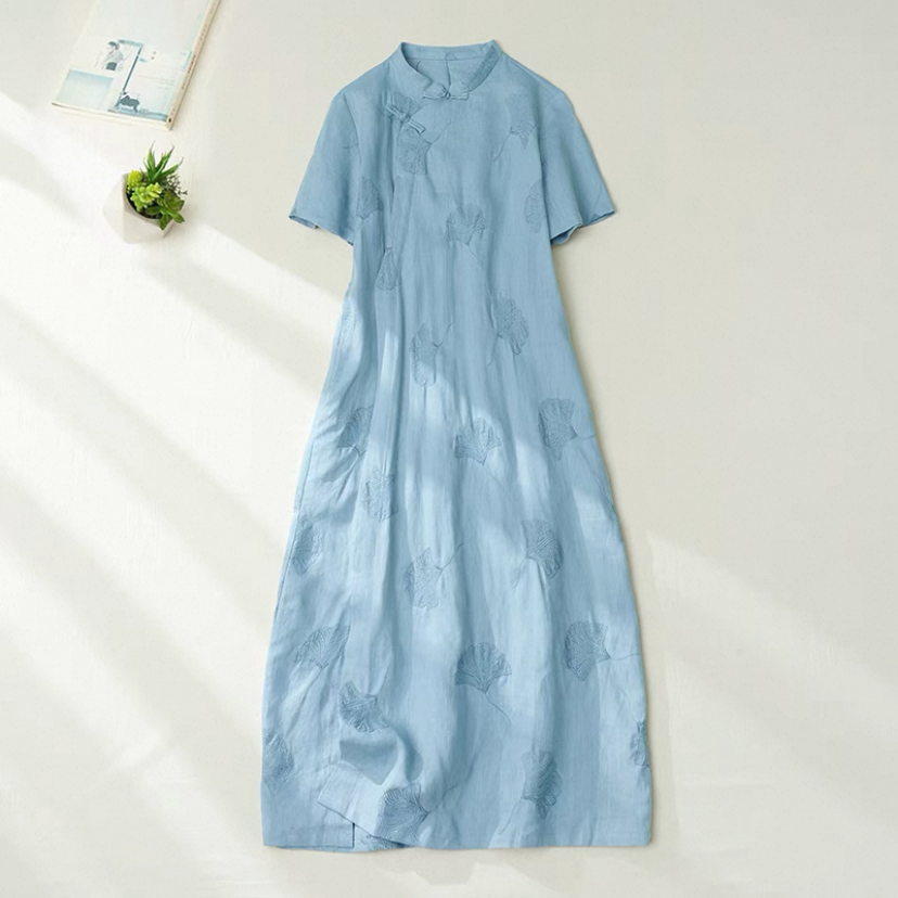 ワンピース、綿麻、夏、刺繍