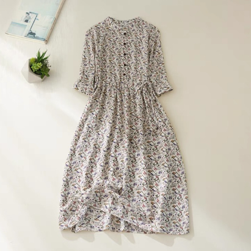 ワンピース、綿麻、夏、七分袖