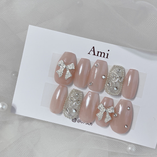 ネイルチップ＊リボン ピンク ホワイトパウダー ベイビーブーマー 韓国