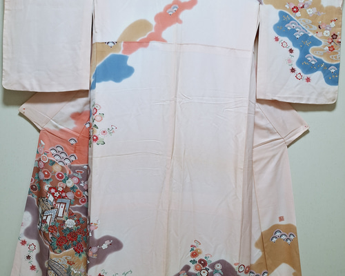 ワンタッチ着物 くらわん着物 正絹付け下げ訪問着リメイク 淡桃色牛車