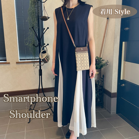 スマホショルダー フラワーアート×ブラック ベージュ/サコッシュポシェット スマホポーチ サブバッグ/合皮◎ギフト母の日 17枚目の画像