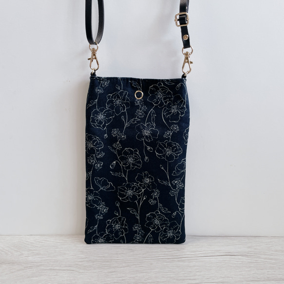 スマホショルダー フラワーアート×ブラック ベージュ/サコッシュポシェット スマホポーチ サブバッグ/合皮◎ギフト母の日 7枚目の画像