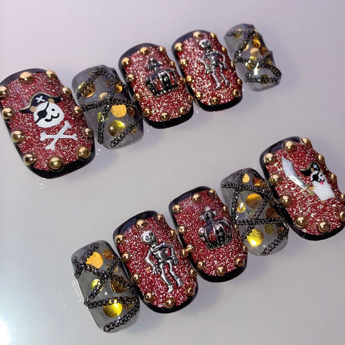 サイズオーダー】海賊ハムちゃんネイルチップ フラッシュネイル 赤