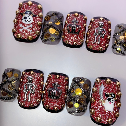 サイズオーダー】海賊ハムちゃんネイルチップ フラッシュネイル 赤