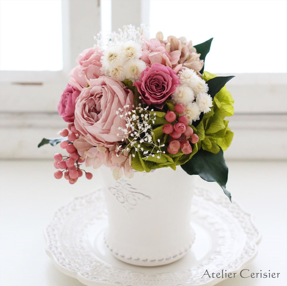 プリザーブドフラワー＜シャルロット SSサイズ＞くすみピンク バラ ミニアレンジ 【お祝い】 3枚目の画像