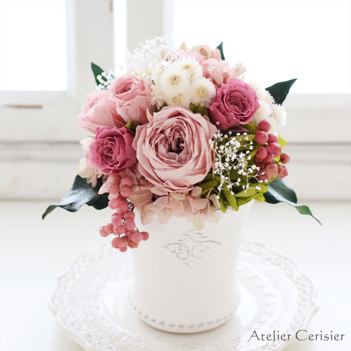 プリザーブドフラワー＜シャルロット SSサイズ＞くすみピンク バラ ミニアレンジ 【お祝い】