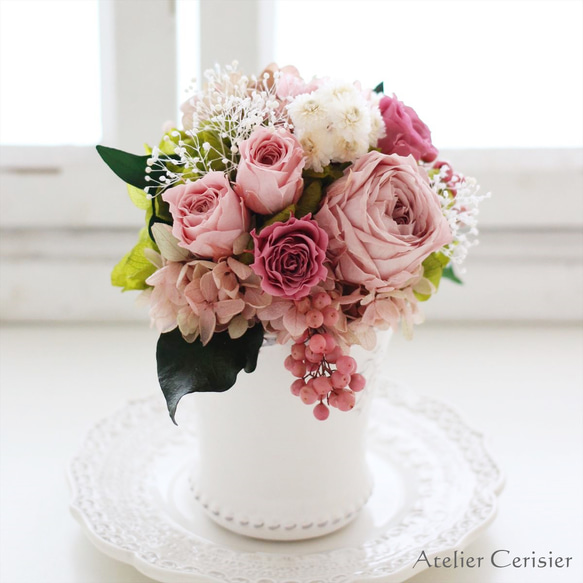 プリザーブドフラワー＜シャルロット SSサイズ＞くすみピンク バラ ミニアレンジ 【お祝い】 2枚目の画像