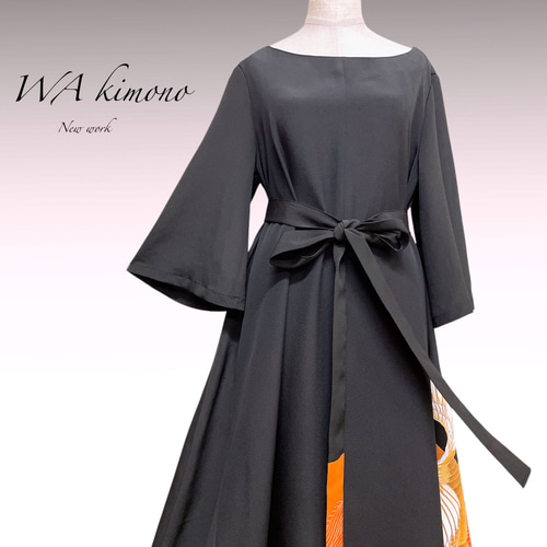 LL 着物リメイク 正絹 作家物落款 黒留袖 シンプルゆったりワンピース LL 着物リメイク 正絹 黒留袖 シンプルゆったりワンピース