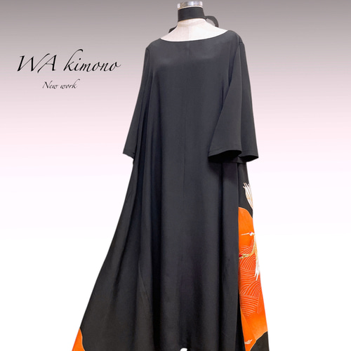 LL 着物リメイク 正絹 黒留袖 シンプルゆったりワンピース着丈104 LL 黒留袖 着物リメイク 正絹 シンプルゆったりワンピース着丈104