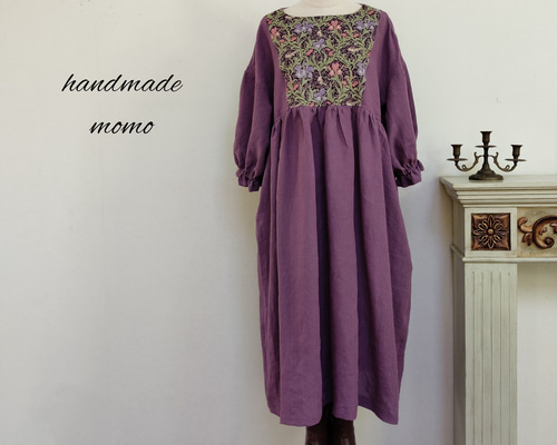 ウィリアムモリス×リネン ギャザーワンピース 紫 free ワンピース momo