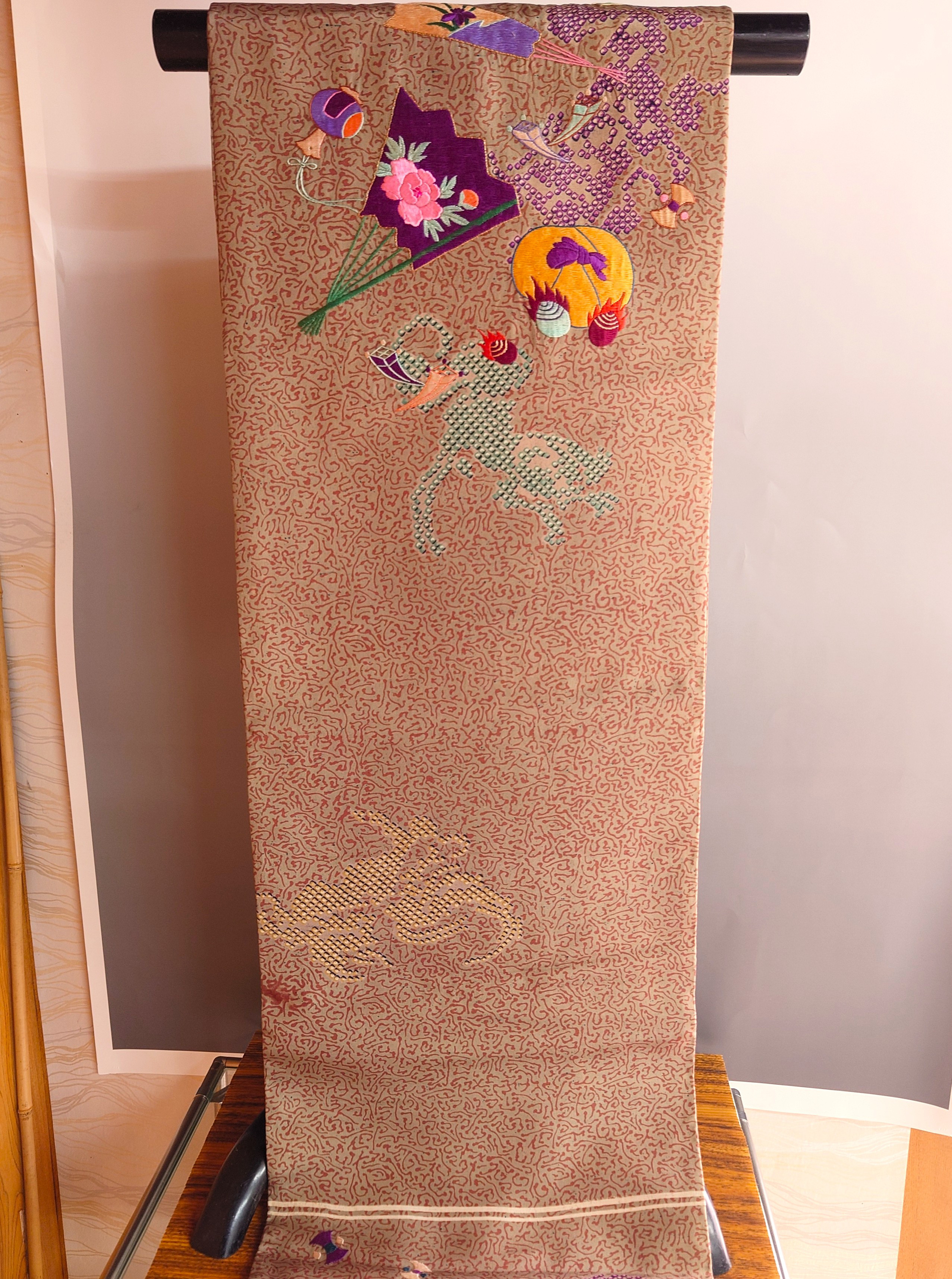 【名古屋帯】更紗の刺繍のアンティーク帯