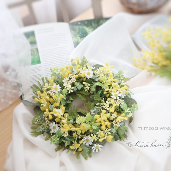 ミモザと小花の春色リース 春の花mimosaと小花のリース