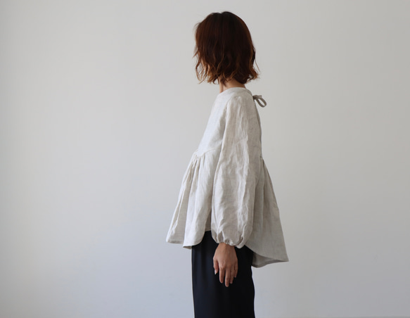 ヨーロッパリネンギャザーブラウス／上質なリネン100%ブラウス／ギャザーリボンチュニック／生成り 10枚目の画像