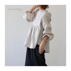 ヨーロッパリネンギャザーブラウス／上質なリネン100%ブラウス／ギャザーリボンチュニック／生成り 2枚目の画像