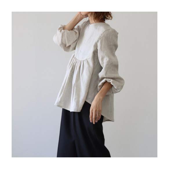 ヨーロッパリネンギャザーブラウス／上質なリネン100%ブラウス／ギャザーリボンチュニック／生成り 11枚目の画像