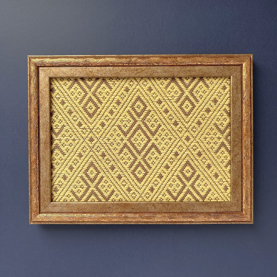 【一点もの】こぎん刺し・アート ◆古作図案アレンジの額装◆横長・淡黄×亜麻色