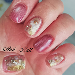 ピンク ガラス フレンチ ハートビジュー ネイル ネイルチップ（つけ爪