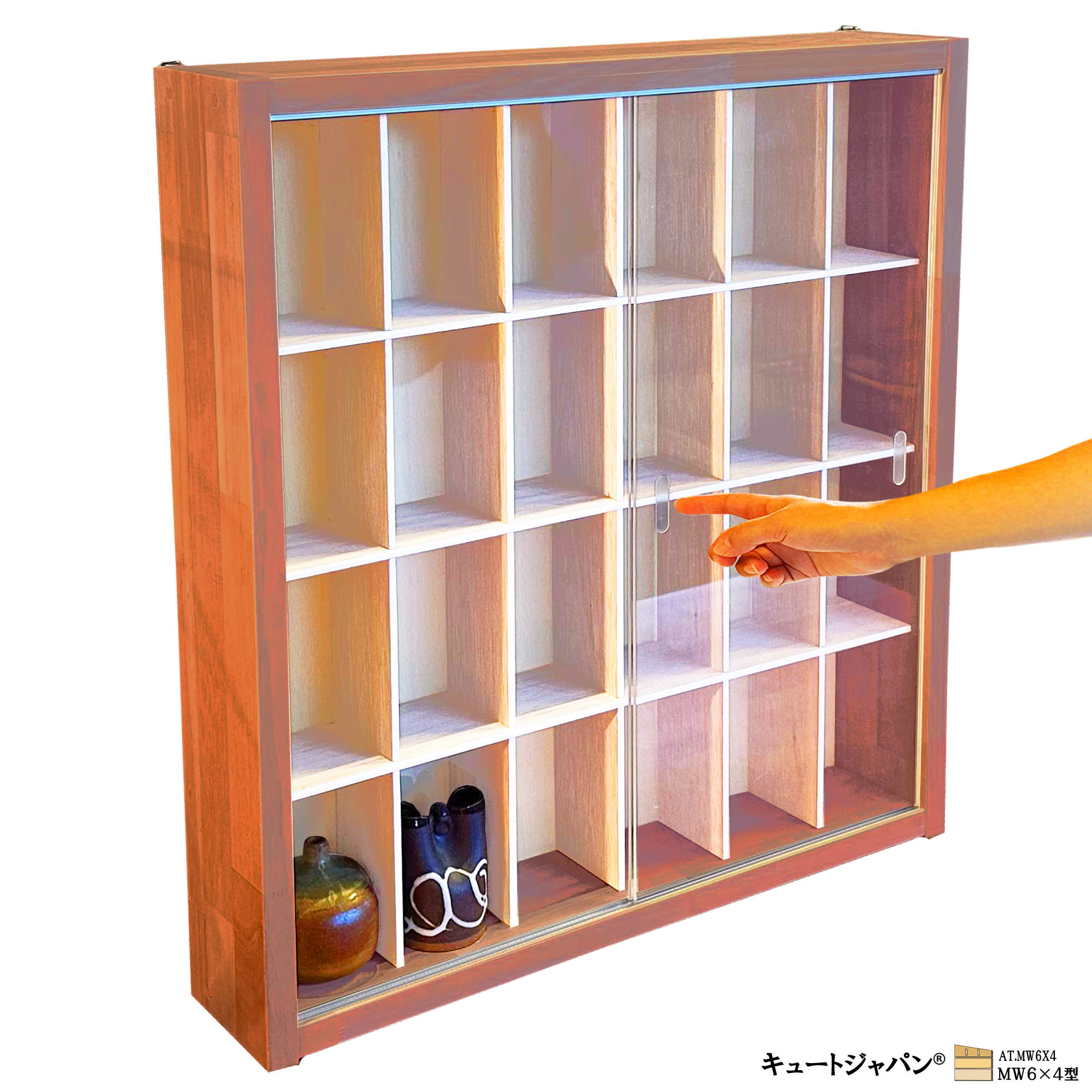 陶器 骨董 酒器 陶芸品 和食器 コレクション 収納ケース ２４マス アクリル障子付 メープル色塗装 日本製