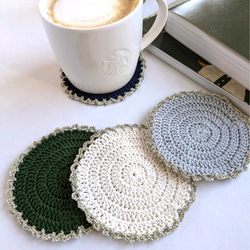 気軽に編み物を♪初心者向け・持ち運べるキット【ラメ糸フリルのコースター】 7枚目の画像