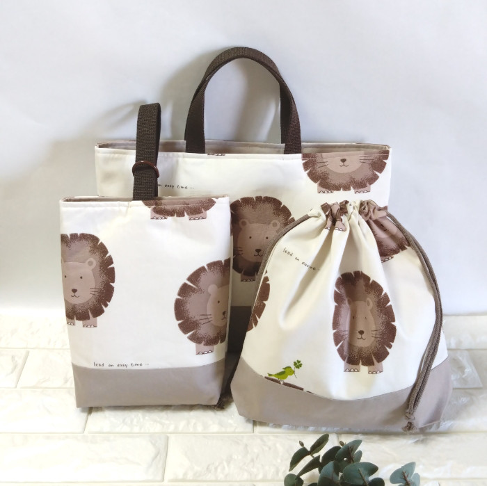 《送料無料》通園・通学3点セット・大きならいおん　レッスンバッグ&上履き入れ&体操着袋　＃n593