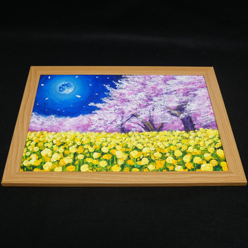油絵 油彩 油彩画 絵 絵画【青い満月と菜の花と桜】 絵画 HR 通販