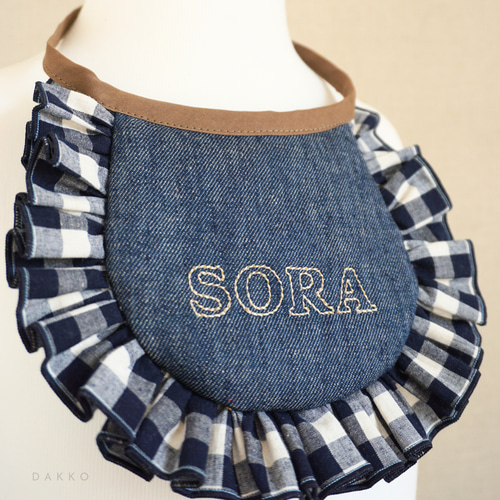 DAKKO：犬用：岡山デニムとギンガムチェックフリルスタイ ペット服