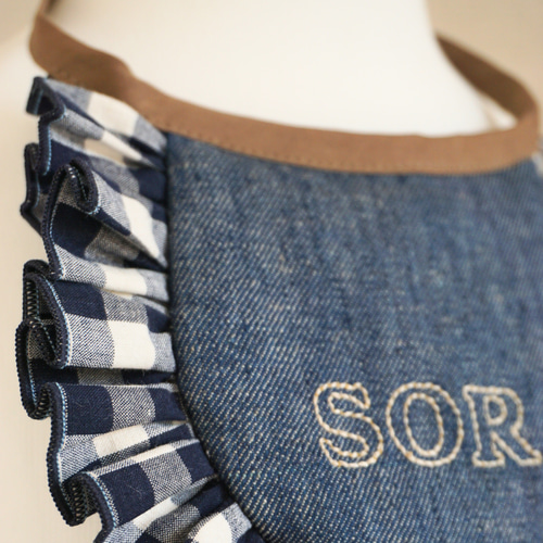 DAKKO：犬用：岡山デニムとギンガムチェックフリルスタイ ペット服