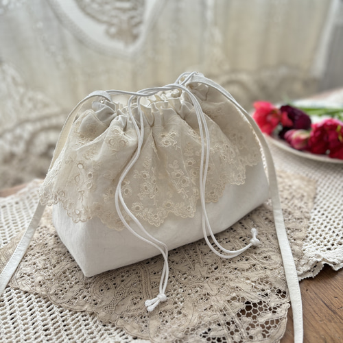 アンティークリネンとレースの巾着バッグ ショルダーバッグ