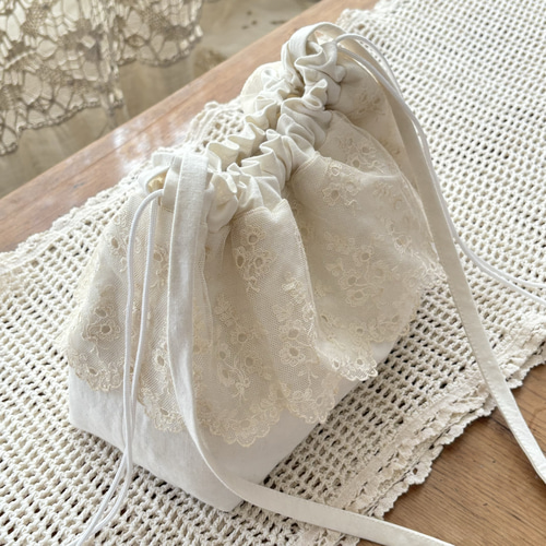 アンティークリネンとレースの巾着バッグ ショルダーバッグ