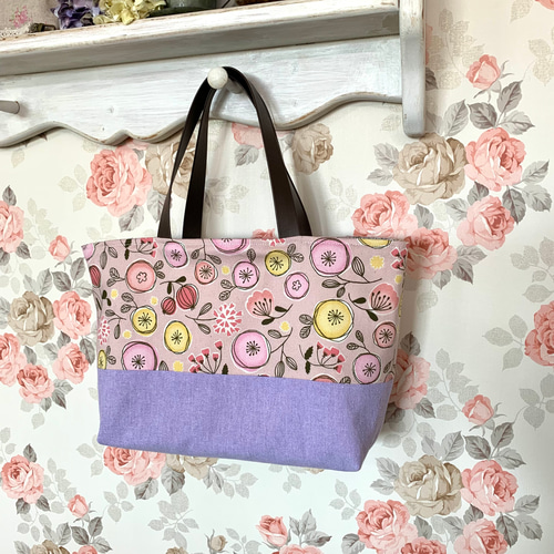 中キルティング 北欧 フラワー 花 柄 ツートン 切り替え トート バッグ