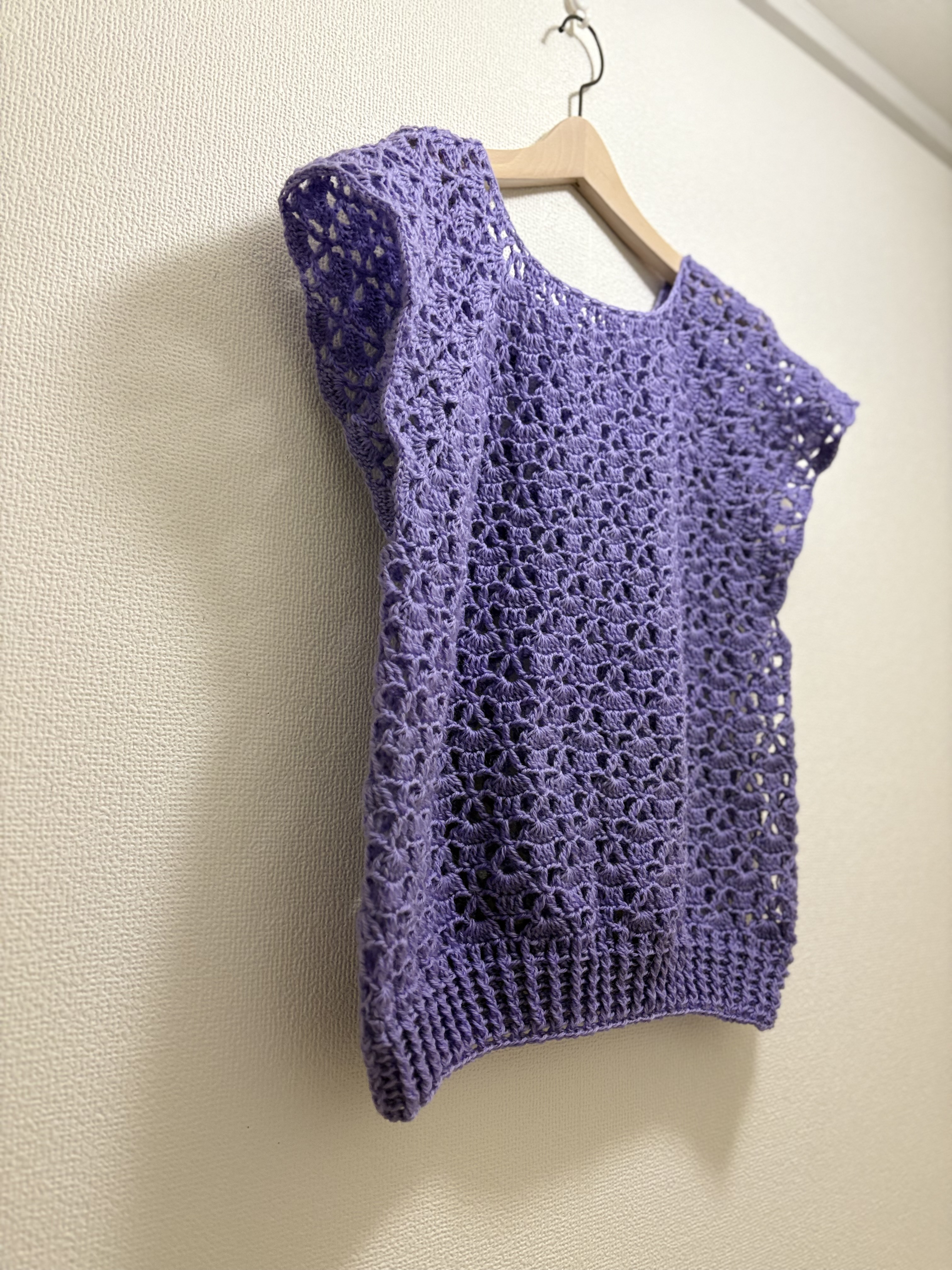 ☆handmade☆手編み パープル花柄、ニットプルオーバー