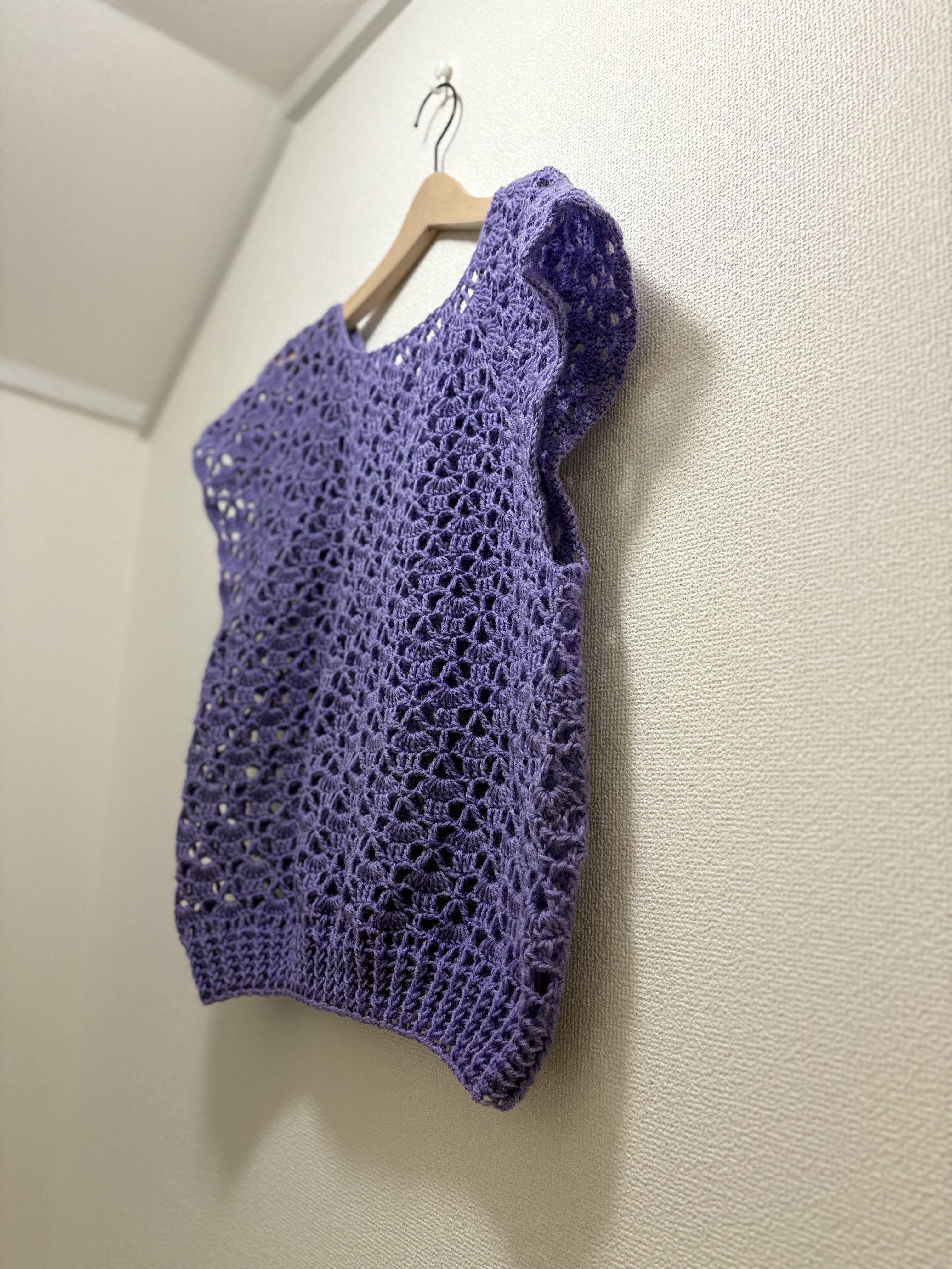 ☆handmade☆手編み パープル花柄、ニットプルオーバー