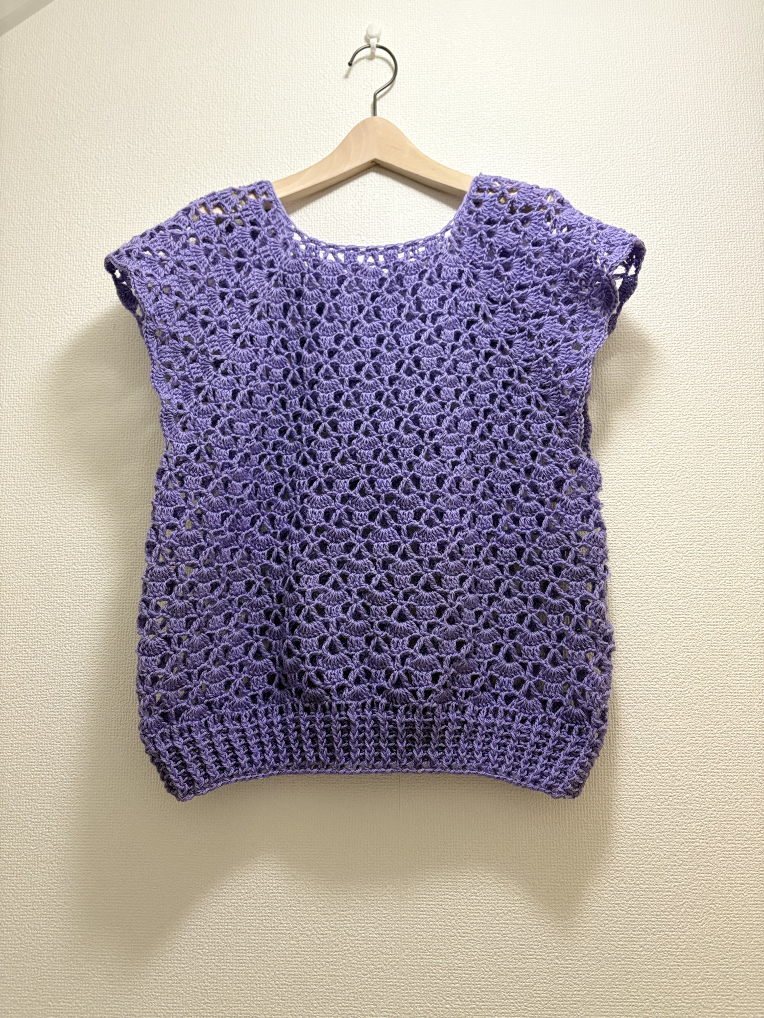 ☆handmade☆手編み パープル花柄、ニットプルオーバー