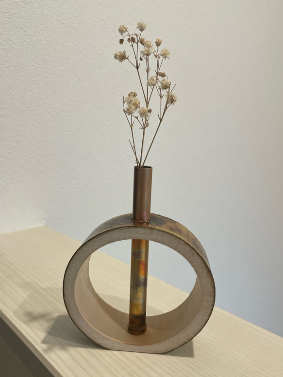 天然竹 円形の一輪挿し 竹と銅のコンビネーション 一輪挿し・花瓶