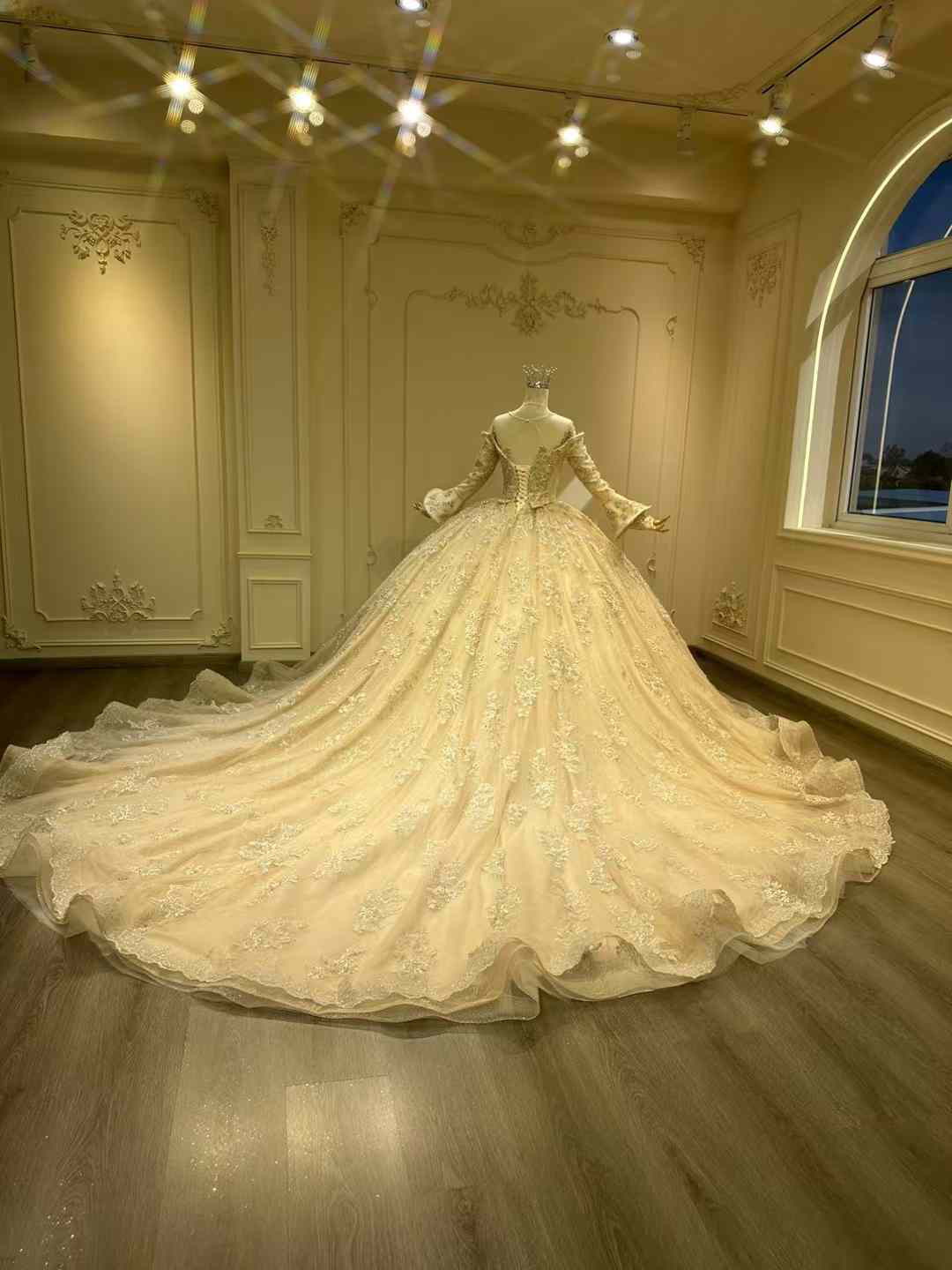 王道派！新作お勧め！シャンペン色カラードレス　黄色　エレガントなシルエット　ロングスカート　ラッパ袖　長袖豪華総レース