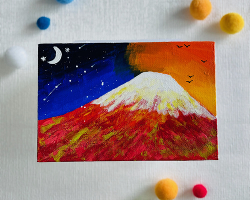 絵手書き絵画(キャンバス&アクリル絵の具) ハガキサイズ】赤富士 富士山 キャンバスアート カラフル