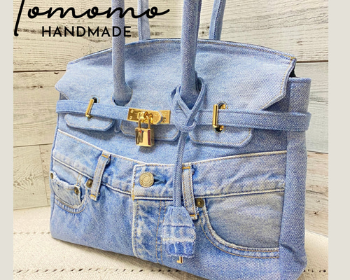 デニムリメイク フラップ付きトートバッグ ライトブルー Sサイズ 底板