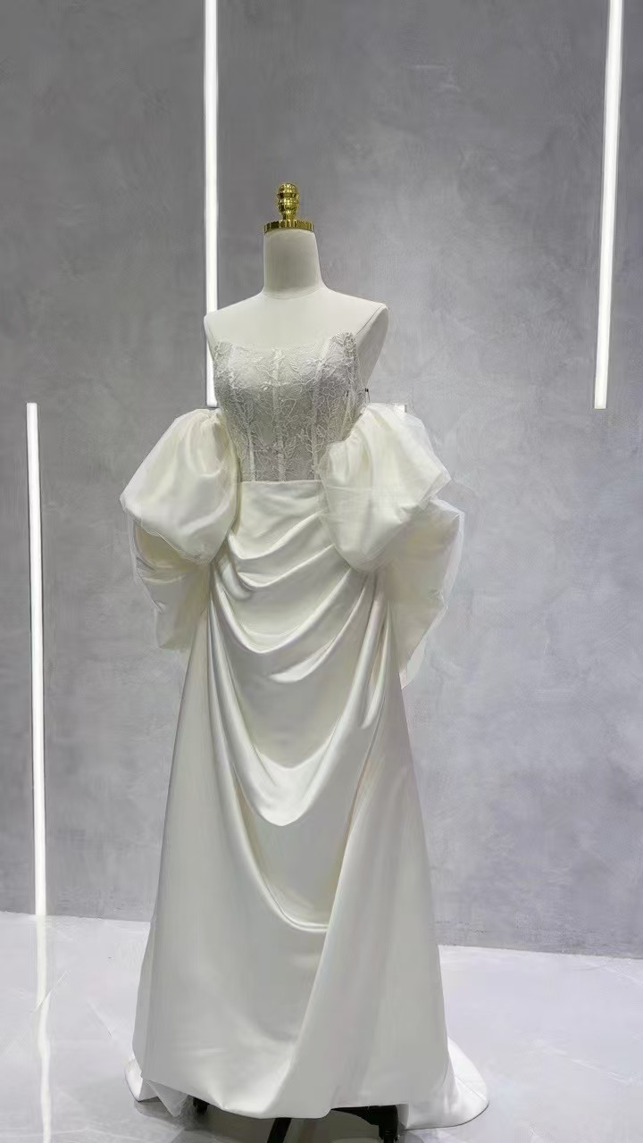 高級光沢サテン オフショルダー 2waysウエディングドレス  花嫁 ケープ　合コンパーティー ピアノ演奏会/音楽会