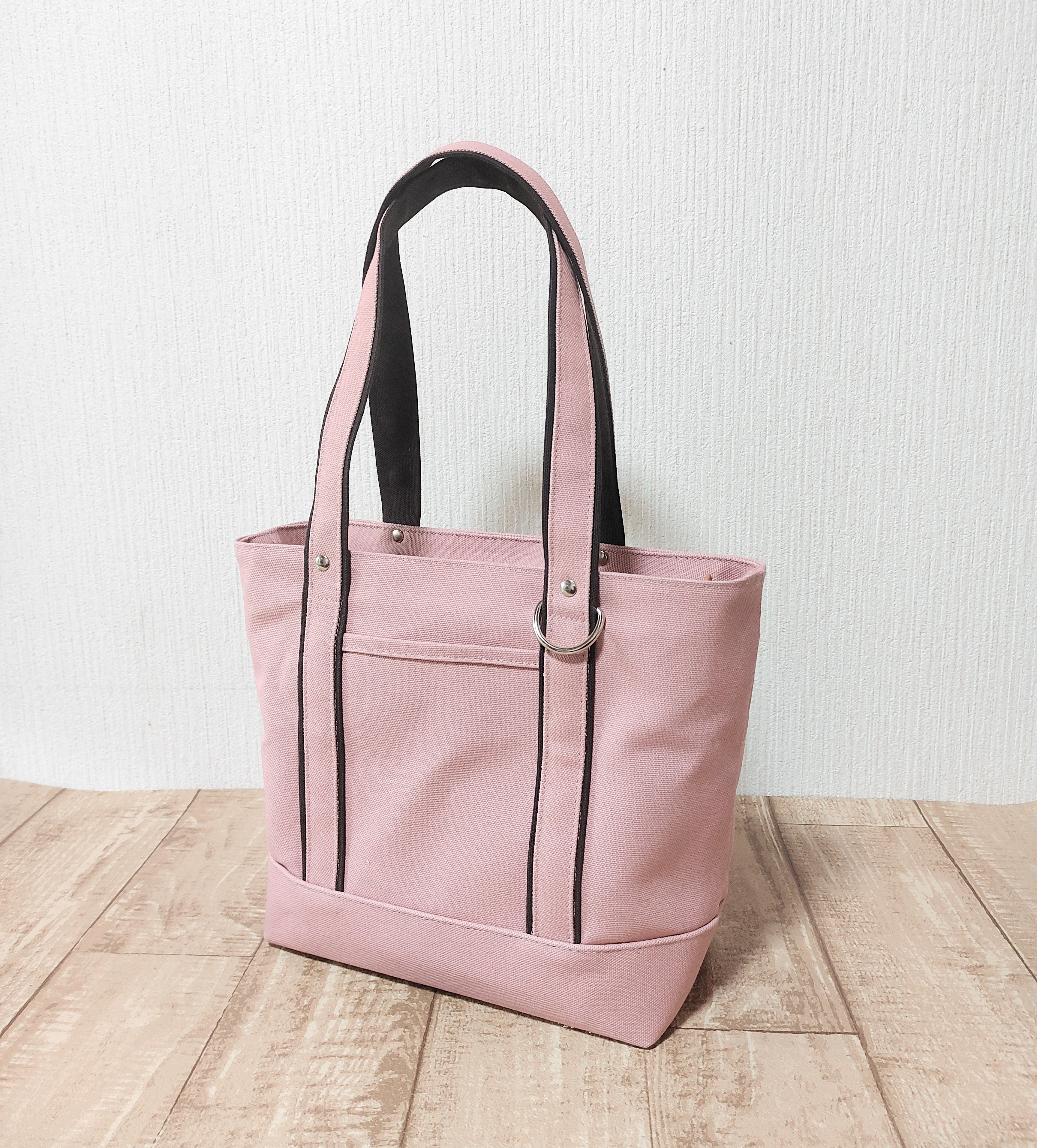 ファスナー仕切り＆ボトルホルダー付 帆布トートバッグ（くすみピンク）