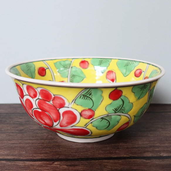 Bát Tràng ベトナム バッチャン焼き 新品 花柄 丼 6枚 Vivid どんぶり鉢 イエロー バッチャン焼き ベトナム食器 手描き 花柄