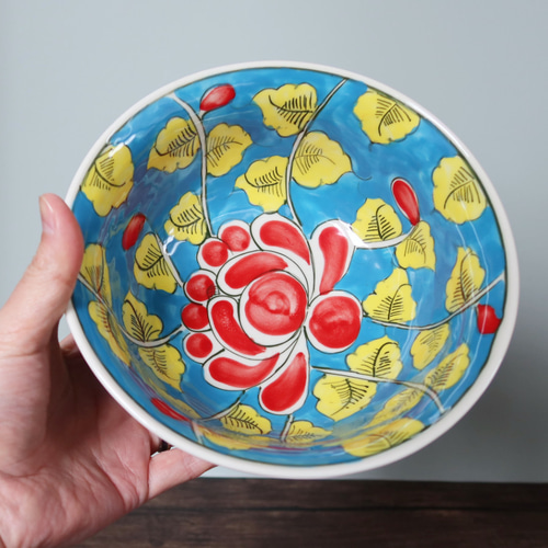 Vivid どんぶり鉢 ブルー バッチャン焼き ベトナム食器 手描き 花柄 丼